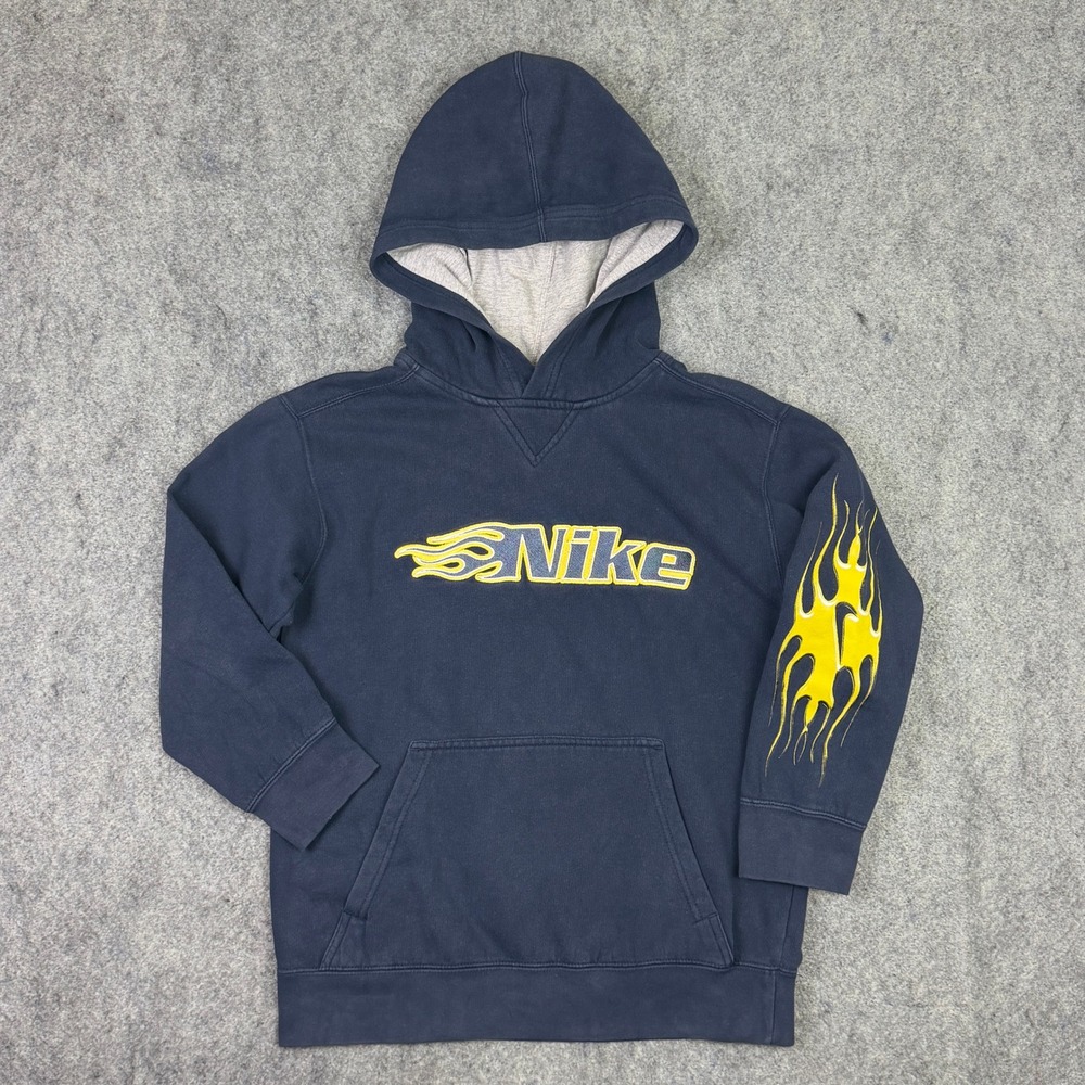 Y2K Nike Youth Small 8 Blue Flame Graphic Pullover Hoodie Yellow Swoosh Logo